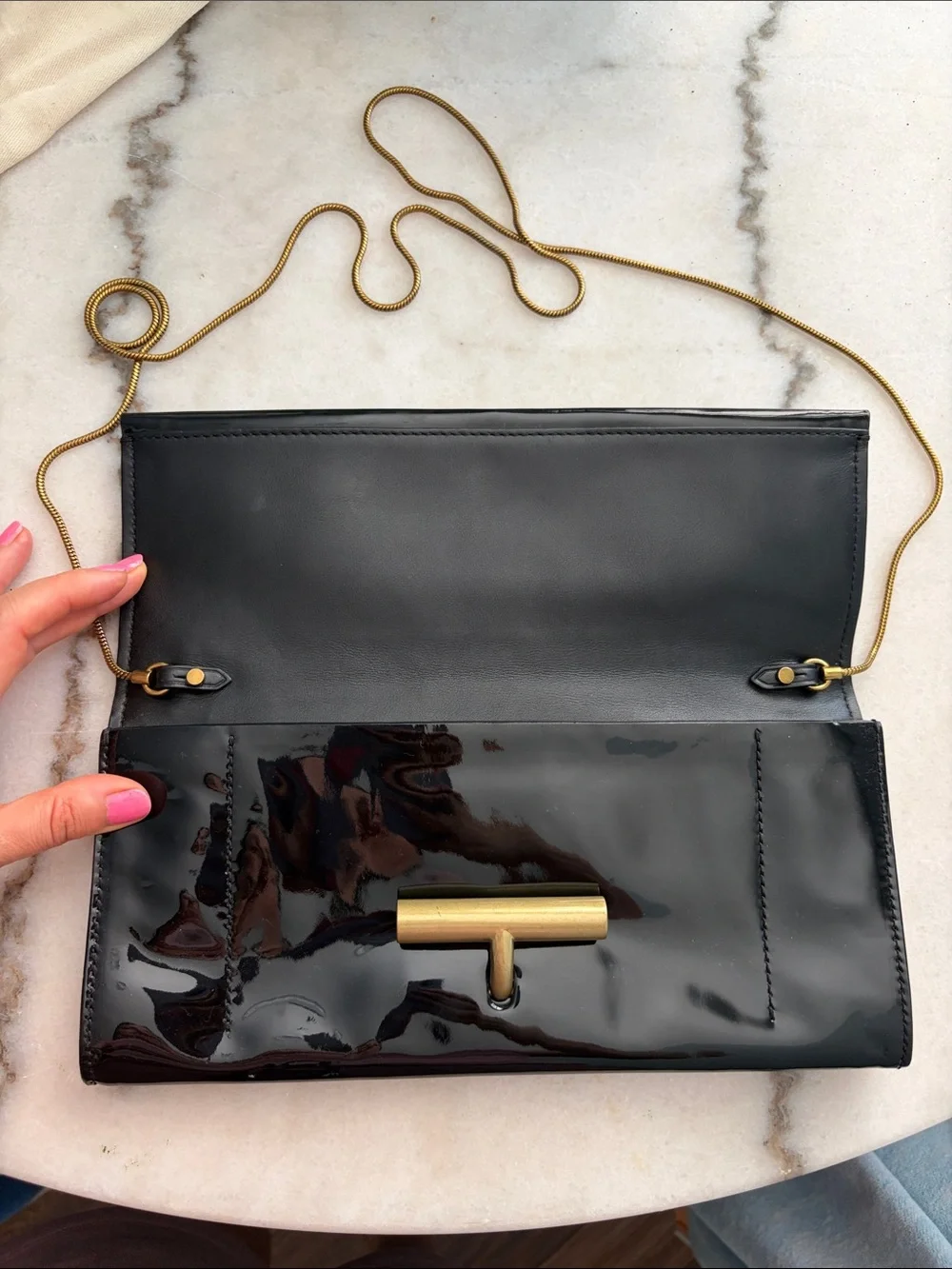Reed Krakoff Black Patent Leather Clutch with Gold Bar Closure